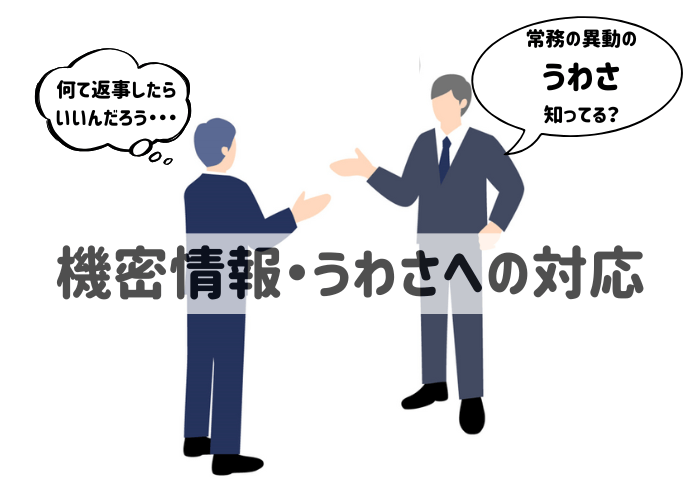 秘書が会社のうわさ話の真偽を尋ねられたシチュエーションのイラスト
男性同僚が「常務の異動のうわさ知ってる?」と尋ねてきて
男性秘書は「何て返事したらいいんだろう…」と返答に困っている場面