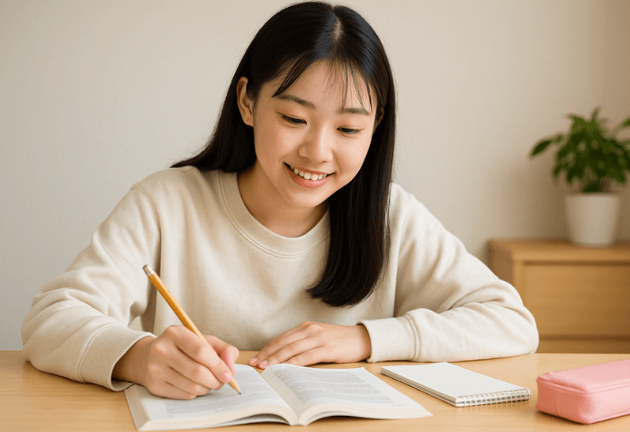 テキストを使用して勉強している10代後半女性