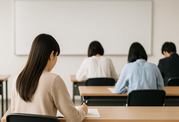 女性が秘書検定試験会場で筆記試験を解いている画像