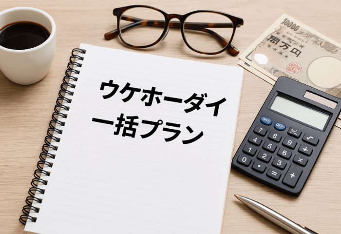 机の上にコーヒーカップ、めがね、電卓、ペン、一万円札、ノートがある画像
文字「ウケホーダイ一括プラン」と書いてある
