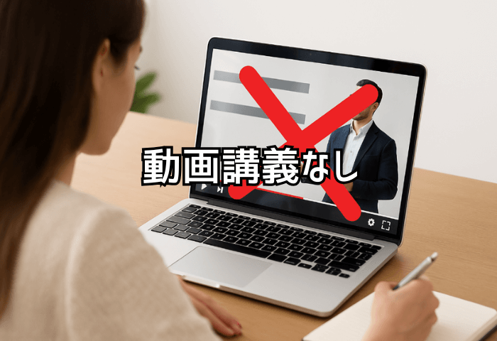 女性がノートパソコンで講義動画の勉強をしている画像にバツ印と「動画講義なし」の文字