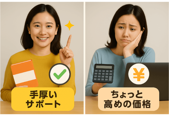 笑顔の女性：テキストを片手に持って「手厚いサポート」の文字 困り顔の女性：電卓を手に「ちょっと高めの価格」の文字