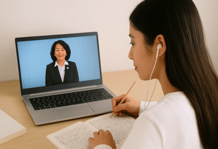 女性がノートパソコンで、サブスクタイプの通信講座「オンスク.JP」の講義動画を視聴しながら学習している場面 イヤホンをして、メモをとっている