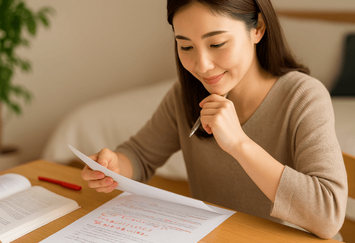ユーキャン秘書検定添削記述問題の赤ペン指導を見ながら嬉しくてほほ笑んでいる女性の画像