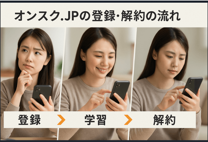 「オンスク.JP」の登録・学習・解約の流れ ロングヘアの女性が、スマホで登録・学習・解約を簡単にできる様子を3枚の画像で表現している