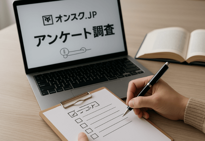 「オンスク.JP」通信講座のアンケート調査という文字の書いてあるノートパソコンと メモを取りながら回答しようとしている人の手とボールペンの画像