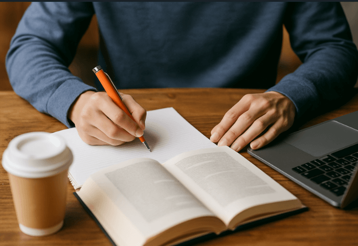 男性が机でノートパソコンを見ながら勉強をしている画像