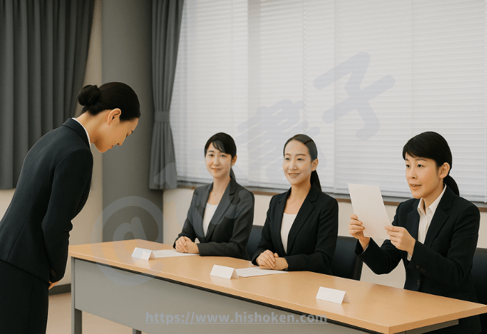 秘書検定の面接時のイメージ画像 面接官3人が座っていて、受験者女性一人が面接官の前でお辞儀をしている場面