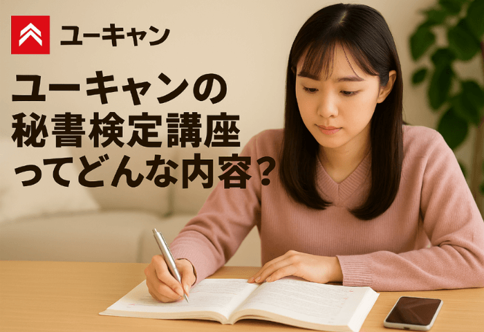 自宅で「ユーキャン」のテキストで勉強している20代の女性の画像と、 文字:ユーキャンの秘書検定講座ってどんな内容?が入っている