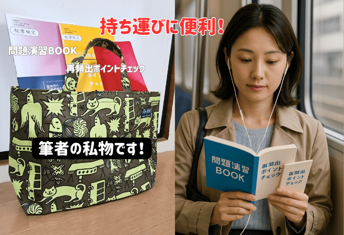 「ユーキャン」秘書検定講座の問題演習BOOKと再頻出ポイントチェックをバッグに入れている画像(いずれも筆者の私物)(右側) 女性が電車の中で問題演習BOOKで勉強しているイメージの画像(左側)