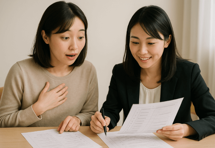 女性二人が秘書検定2級受験後に、自己採点をして、友人の点数が良かったので驚いている状況の画像