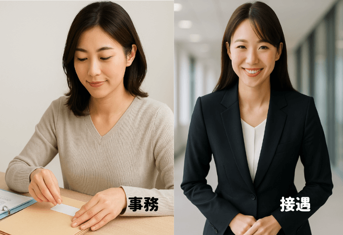 左画像=事務作業でラベリングをしている女性
右画像=スーツ姿で笑顔でお辞儀をしている女性