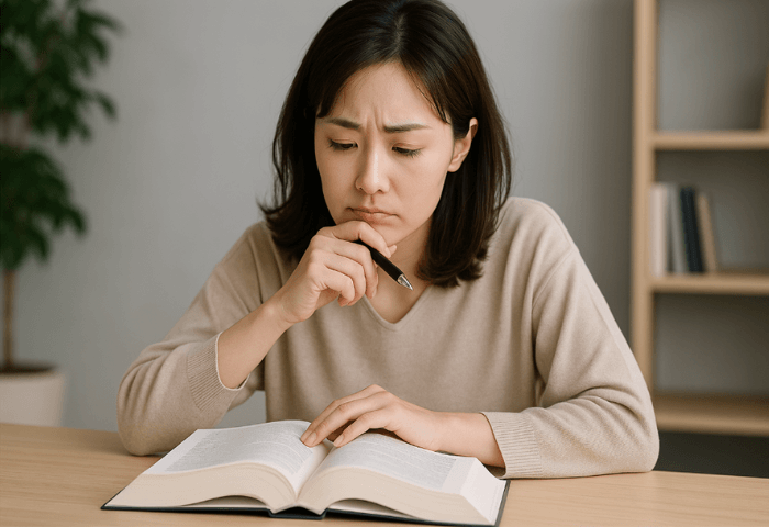 秘書検定受験日まで日数がないため、何を勉強したらよいかわからず分厚い参考書を広げて悩んでいる女性の画像