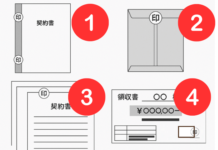 秘書検定に出題される 印鑑に関するイラスト4枚 左上①=契印 右上②=封印 左下③=割印 右下④=消印